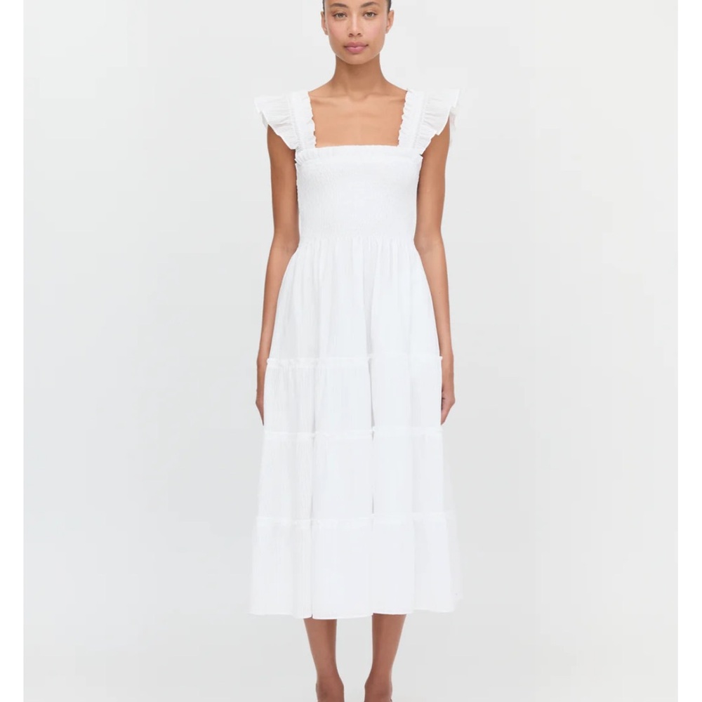 Hill House White Midi Nap Dress with Ruffle Sleeves